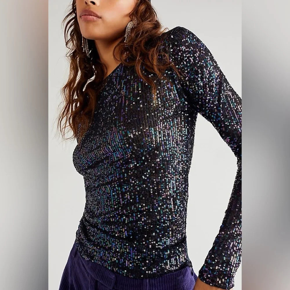 NWT new free people gold rush sequin long sleeve top small black combo